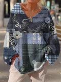 Stitch Buttons And Geometric Pattern Women's V-neck Shirt artswardrobe