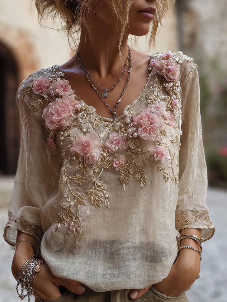 Comstylish Bohemian Style Round Neck Short Sleeve Three-dimensional Flower Design Women's Thin Top