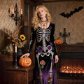 Comstylish Vintage Halloween Skeleton Bones With Roses Flowy Velvet Maxi Dress
