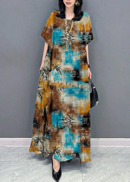 Black Cashew Nuts O Neck Pockets Print Patchwork Silk Long Dresses Summer