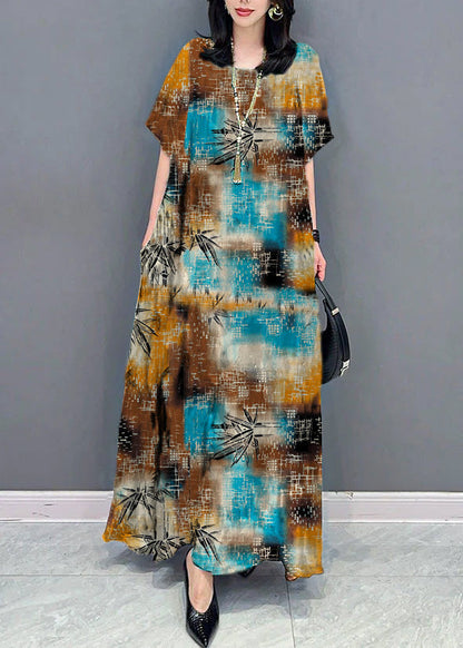 Green O Neck Pockets Print Patchwork Silk Long Dresses Summer