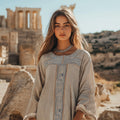 Vintage Greek Key Linen Blend Crew Neck T-shirt artswardrobe