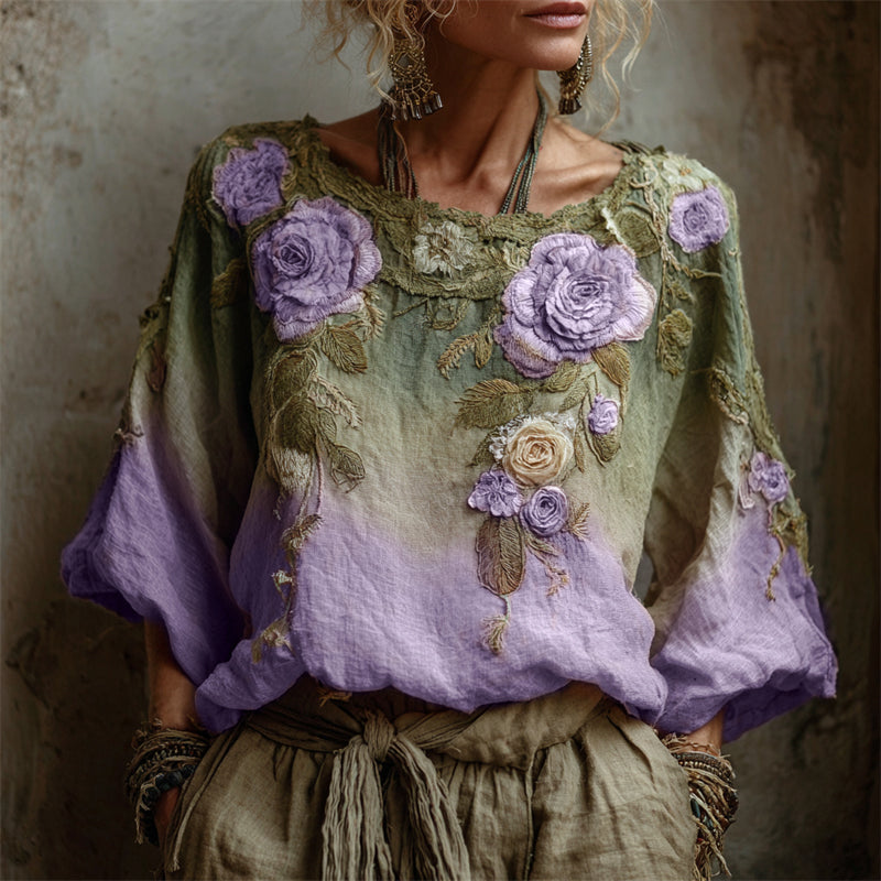 Vintage Pink Roses Forest Gradient Linen Tunic artswardrobe
