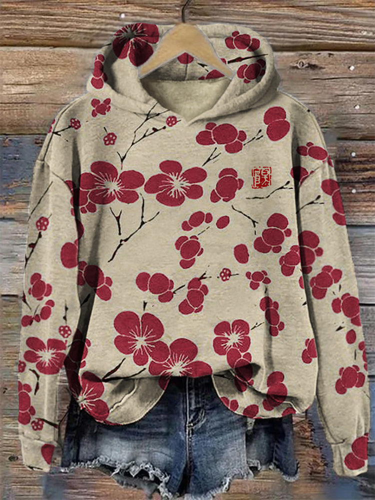 Comstylish Cherry Blossom Japanese Lino Art Vintage Hoodie