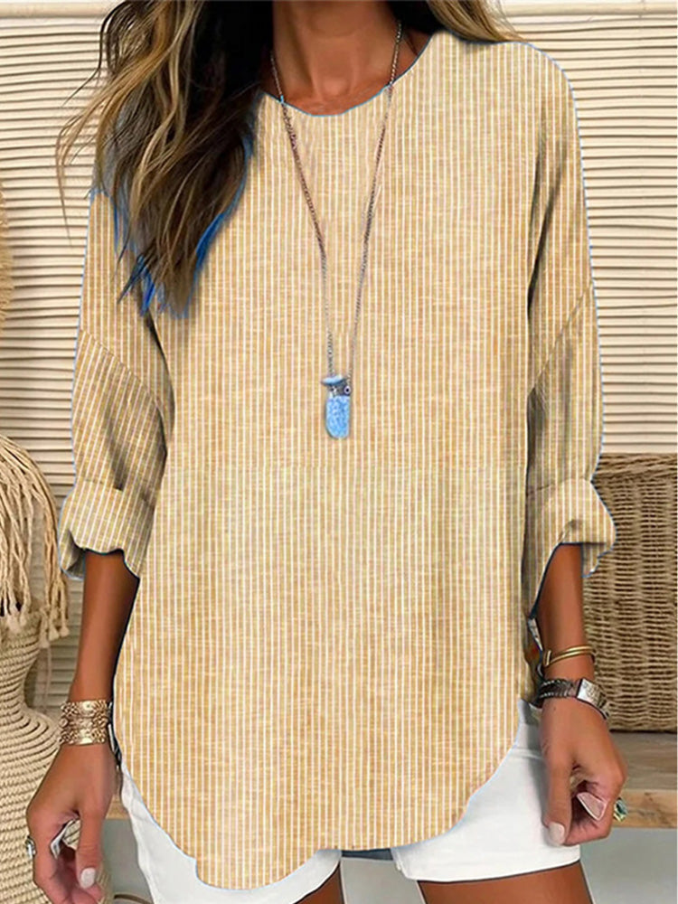 Comstylish Vintage Striped Crew Neck Linen Blend Tunic