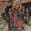 Women's Retro Flag Style Embroidered Linen Blend Shirts artswardrobe