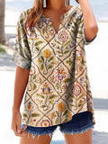 Women's Vintage Floral Art Print Casual Cotton And Linen Shirt