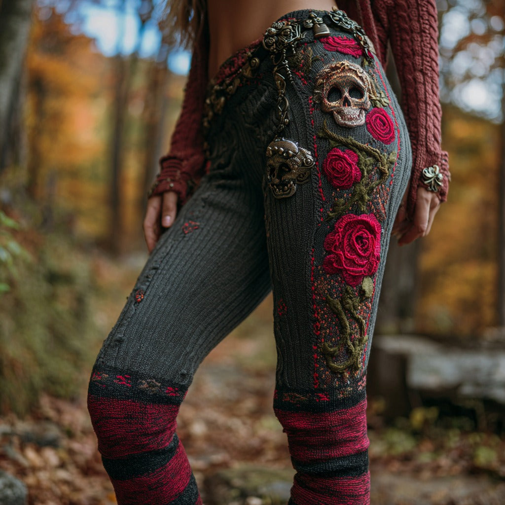 Women's Vintage Sugar Skull Rose Pattern Comfort Leggings elevenforest
