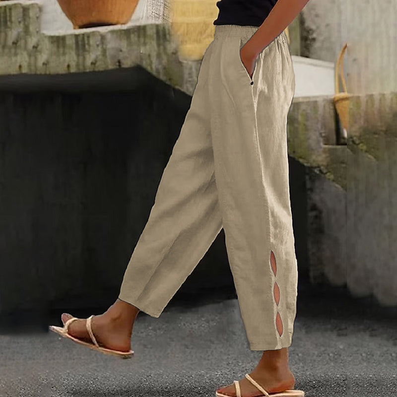 Women's Vintage Hollow Design Solid Color Linen Casual Pants artswardrobe
