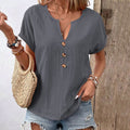 Women's Solid Color Button Linen V-neck T-shirt artswardrobe