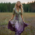 Women's Bohemian Floral Art Gradient Linen Maxi Dress