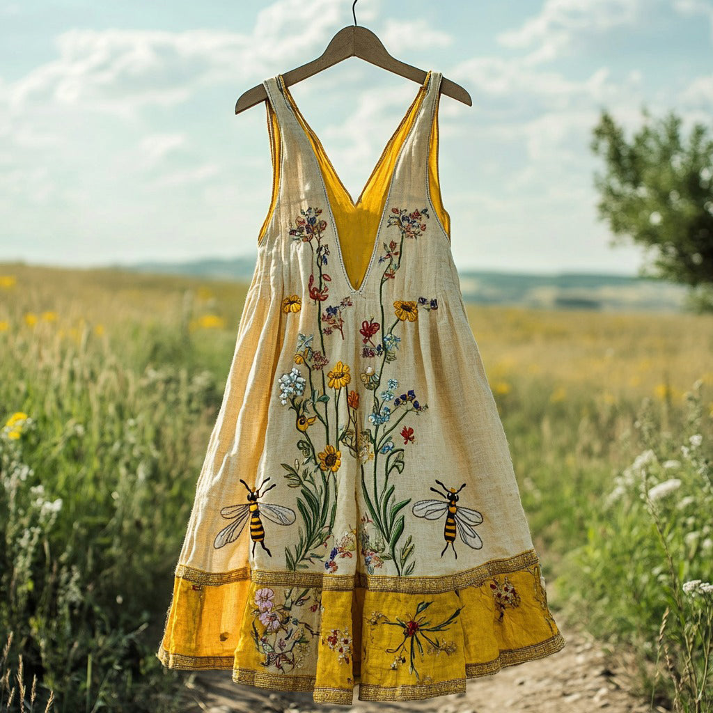 Women's Vintage Bees And Floral Design V-neck Mini Dress artswardrobe