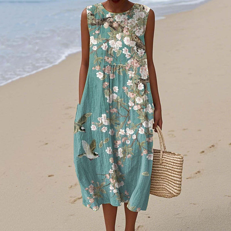 Women's Vintage Floral Birds Art Print Sleeveless Dress artswardrobe