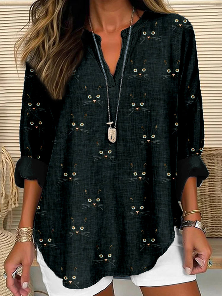 Comstylish Cute Cat Face Pattern Linen Blend Cozy Shirt