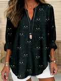 Comstylish Cute Cat Face Pattern Linen Blend Cozy Shirt