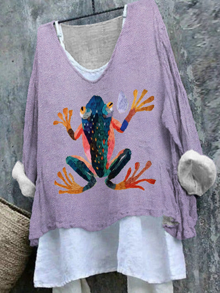 Comstylish Colorful Frog Embroidery Art Linen V-Neck T-Shirt