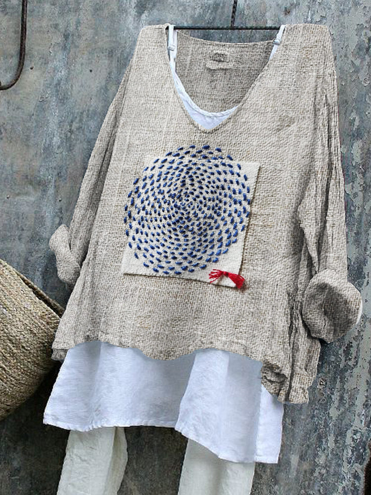 Comstylish Geometric Japanese Sashiko Fiber Art Linen Blend Tunic