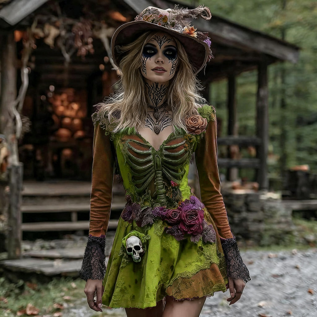 Comstylish Halloween Rose Skeleton Witch Cosplay Midi Dress