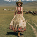 Women's Vintage Western Floral Ethnic Print V-neck Sleeveless Maxi Dress artswardrobe