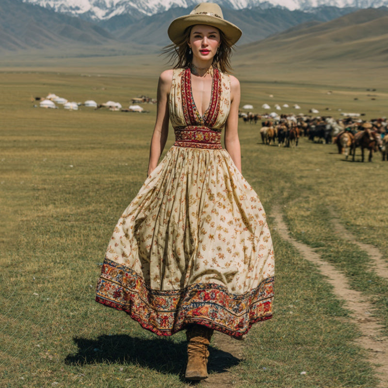 Women's Vintage Western Floral Ethnic Print V-neck Sleeveless Maxi Dress artswardrobe