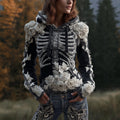 Comstylish Women Halloween Skeleton Skeleton And White Rose Old Thick Hoodie