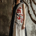 Women's Cherry Blossom Embroidery Lace Patchwork Art Linen Tank Dress artswardrobe
