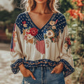 Comstylish Vintage American Flag Floral Pattern Cotton And Linen V-neck Shirt