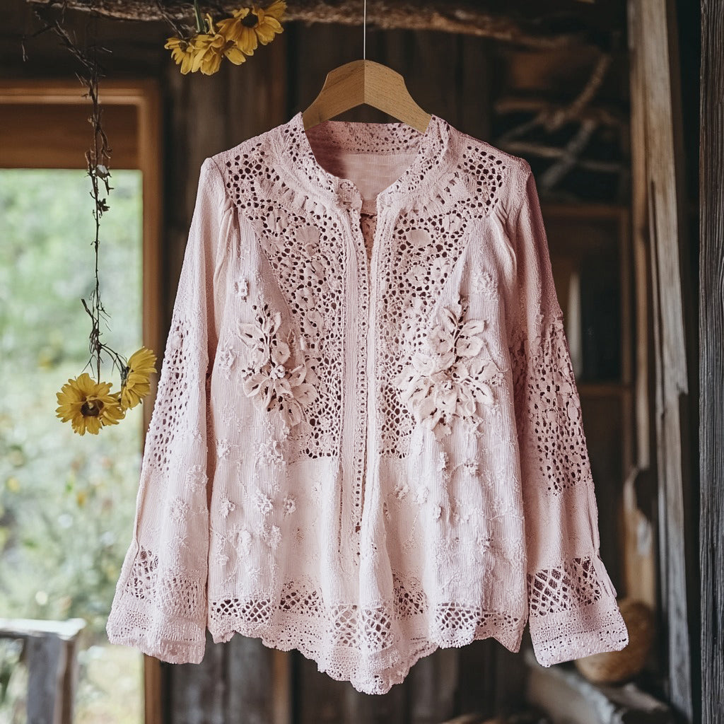 Comstylish Women's Retro Floral Lace Embroidery Art V-neck Shirt