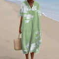 Women's Floral Art V-neck Cotton Linen Comfy Maxi Dress artswardrobe