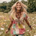 Women‘s Flower Embroidery Patchwork Art Print V-neck Short Sleeve Linen Blend T-shirt artswardrobe