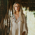 Boho Floral Tribal Embroidery Print Cotton And Linen Blend Loose Blouse artswardrobe