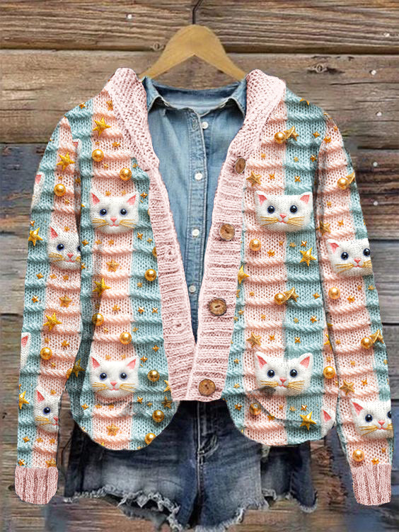 Comstylish Pastel Christmas Cat Embroidery Pattern Cozy Knit Cardigan