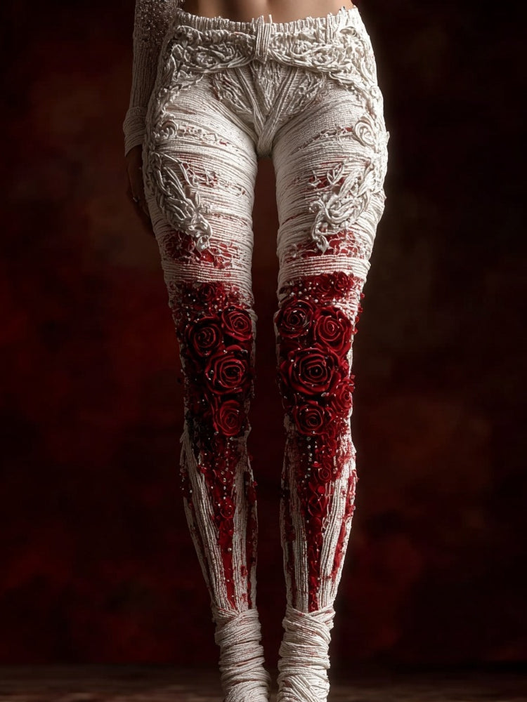 Comstylish Vintage Halloween Bloody Roses Bandages Cozy Knit Leggings