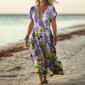Women's Folk Flower Art Print V Neck Pocket Cotton Dress