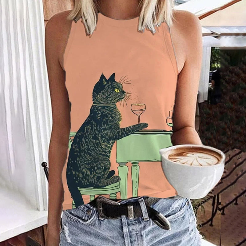 Abstract Creative Black Cat Champagne Art Print Tank Top elevenforest