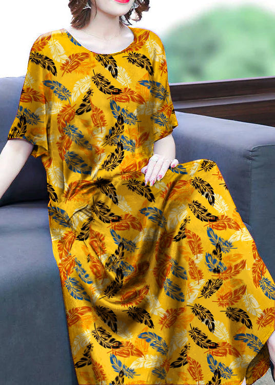 Yellow-cashew Print Silk Long Dress Oversized Pockets Wrinkled Summer