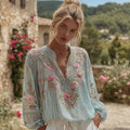 Women's Vintage Floral Embroidery Linen Blend V-neck Shirt