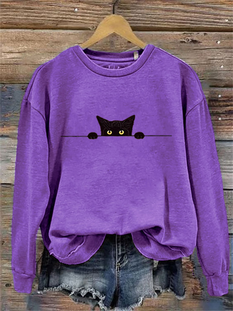 Comstylish Women's Casual Funny Black Cat Print Sweatshirt
