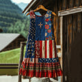 Vintage Boho America Flag With Floral In Faith Cross Independent Day Embroidered Cozy Linen Midi Dress artswardrobe