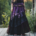 Women's Boho Lavender With Lace Patchwork Embroidered Art Linen Blend Skirt artswardrobe