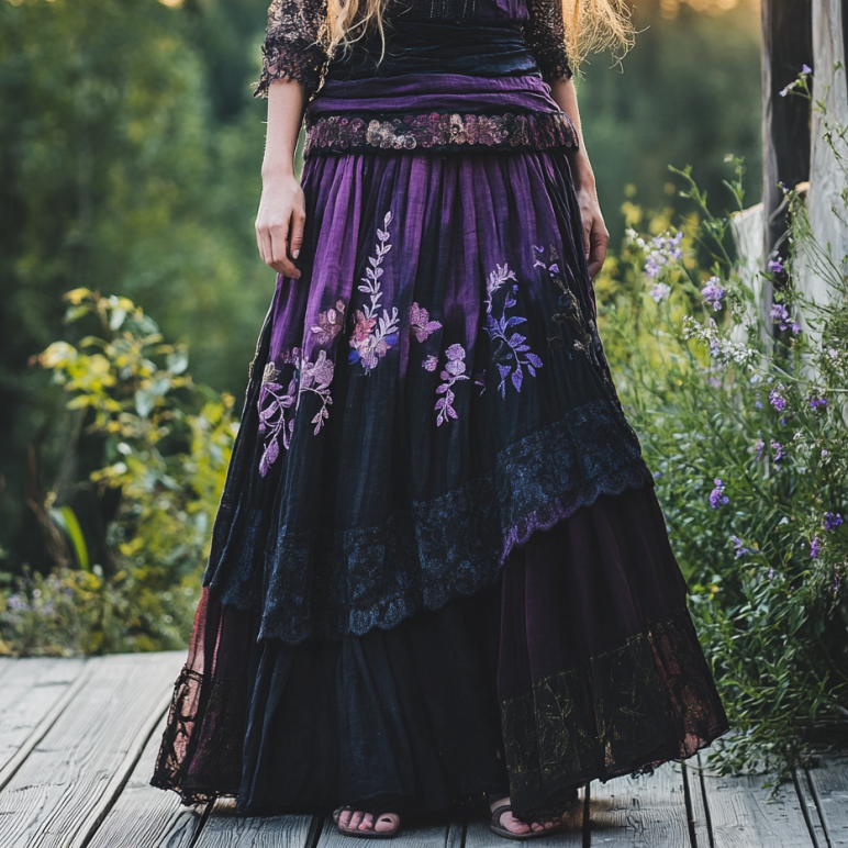 Women's Boho Lavender With Lace Patchwork Embroidered Art Linen Blend Skirt artswardrobe
