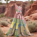 Women's Floral Patchwork Art Linen Tank Midi Dress（belt Not Included） artswardrobe
