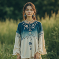 Retro Gradient Floral Embroidery Linen Blend Long Sleeve T-shirt artswardrobe