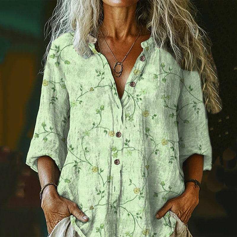 Women's Vintage Floral  Art Print Casual Cotton And Linen Shirt artswardrobe
