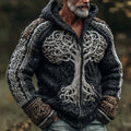 Men's Vintage Viking Tree Of Life Jacquard Knitted Cozy Zipper Up Hooded Cardigan artswardrobe