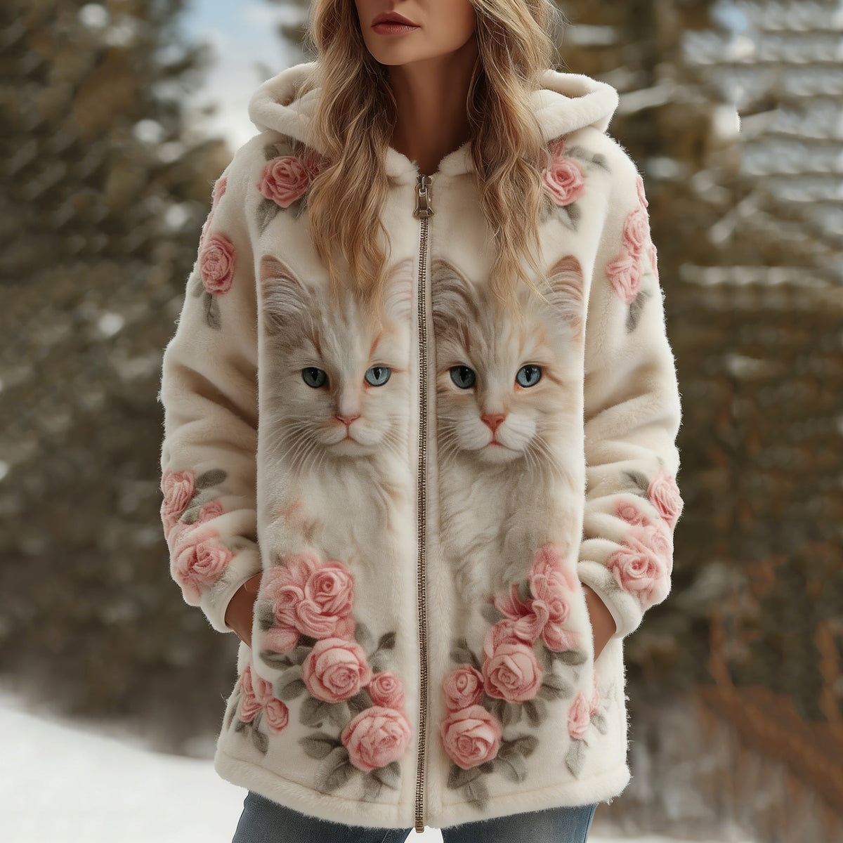 Comstylish Vintage Cute Cat Face With Roses Art Embroidered Art Flannel Warm Zipped Coat
