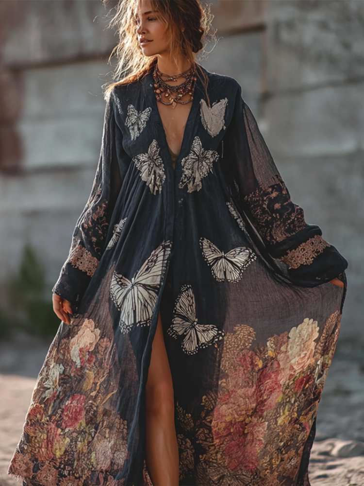Comstylish Bohemian Style Plant Flower And Butterfly Print Women's Cotton And Linen Long Cardigan.