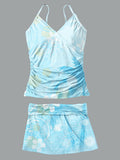 V-Neck Vintage Flowers Print Suspender Skirt Tankini Pantskirt Set Swimsuit