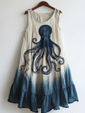 Vintage Octopus Pattern Linen Blend Tie-dye Dress artswardrobe