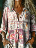 Women's Ethnic Tattoo Pattern Art Print Casual Cotton Linen Shirt